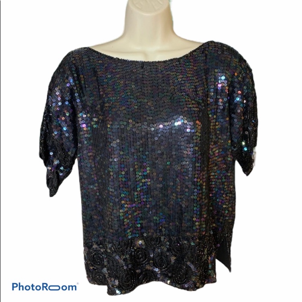 Vintage 80’s Spell Bound Black Silk Sequin Boxy Fit Evening Top Iridescent